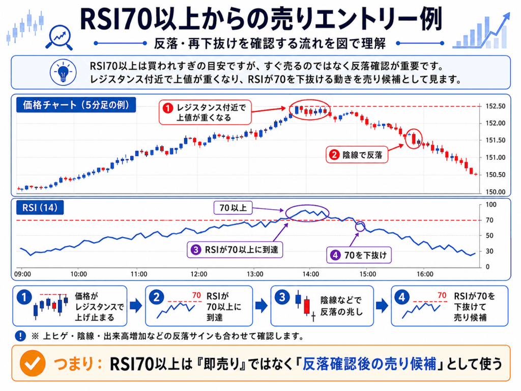 売りはRSI70以上からの反転・再下抜けを確認する